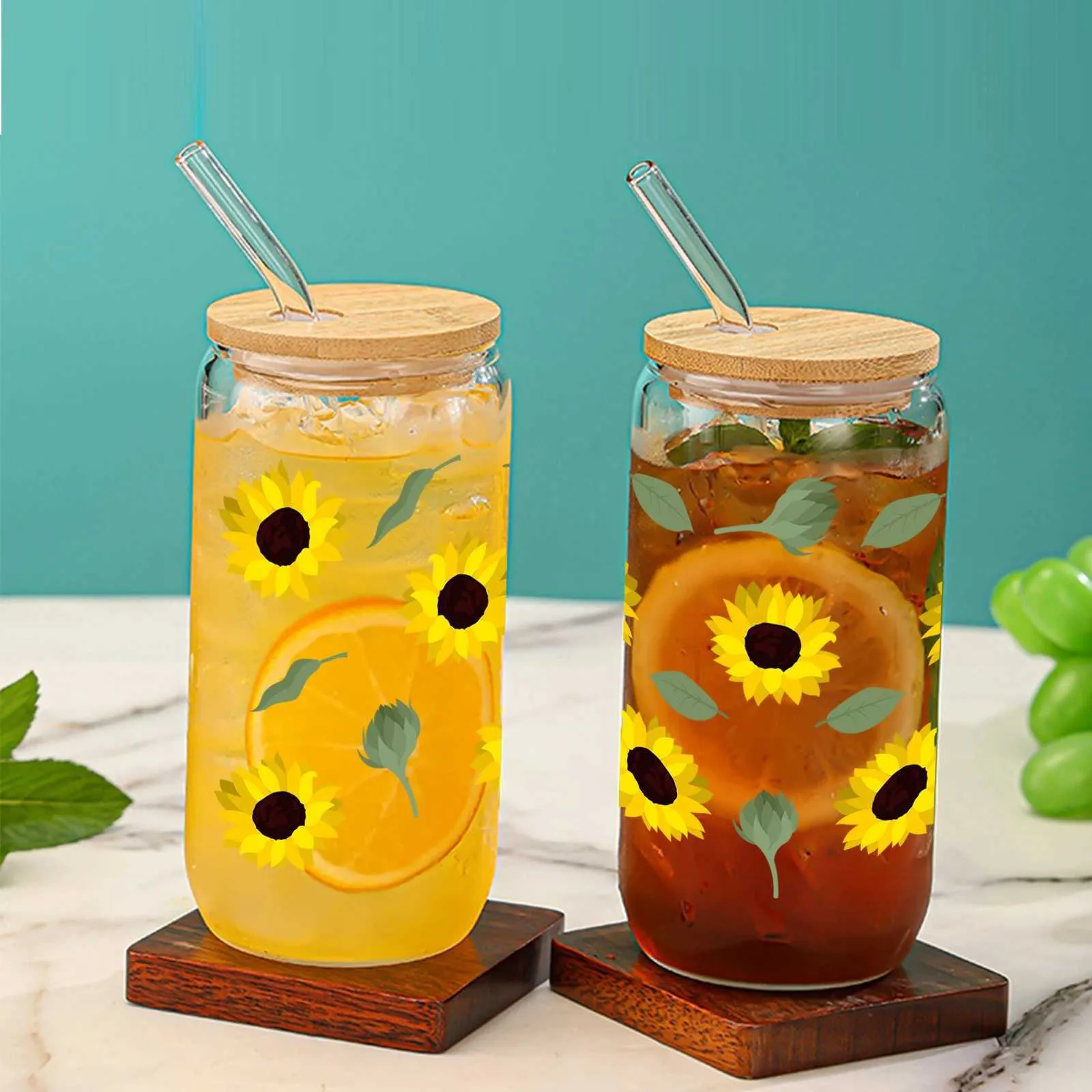 Tumbler 16oz Multi-Layer Blütenblätter Sonnenblumen grüner Blattsaftglas-Stroh mit Bambusdeckel für heiße und kalte Getränke im Sommer H240425 geeignet