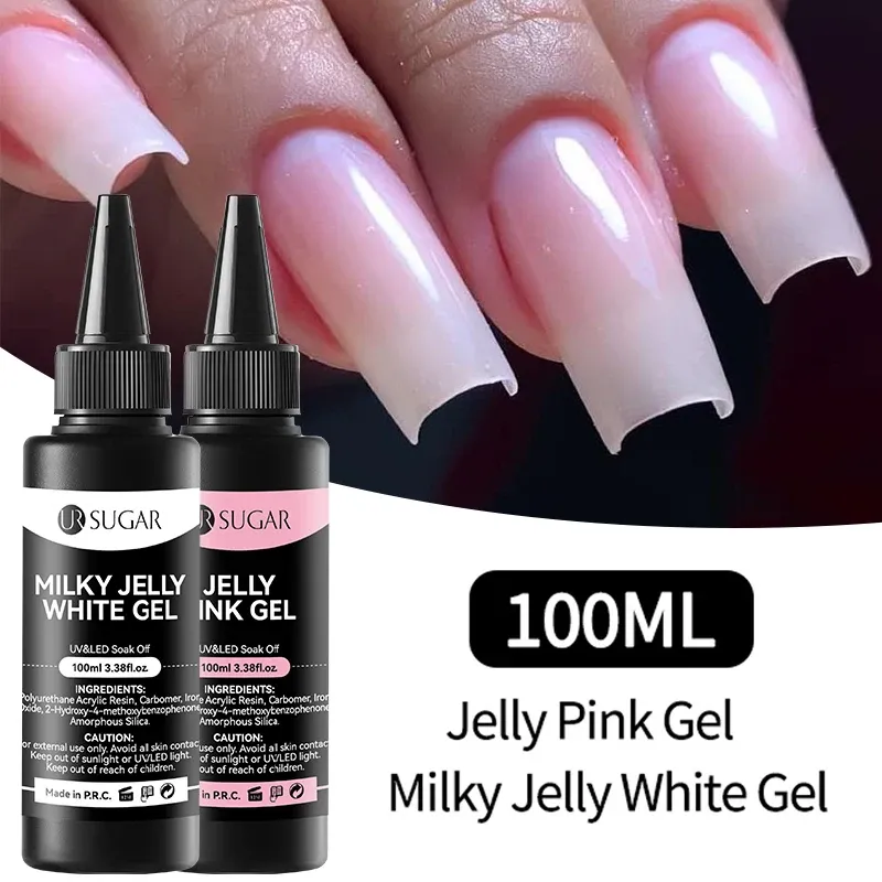 Kits ur socker 100 ml mjölkig gelé vit rosa färggel ingen torkning topprock förstärkning gel nagelkonst blöt av uv led varnisk manikyr