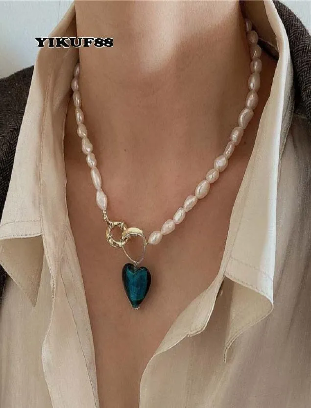Yikuf88 S925 Silver Silver Women Vintage Natural Pearl Blue Love Géométrique Baroque Collier Femelle4819543