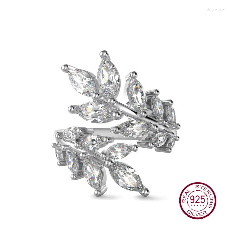 Pierścienie klastra s925 srebrny otwartego pierścienia dla kobiet z cyrkonką w kształcie liści modną i wszechstronną temperament