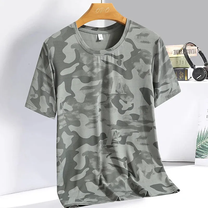 Summer Ice Silk T-shirt Camo Personalized European American British Wind Speed Dry Short Sleeve T-shirt 240425