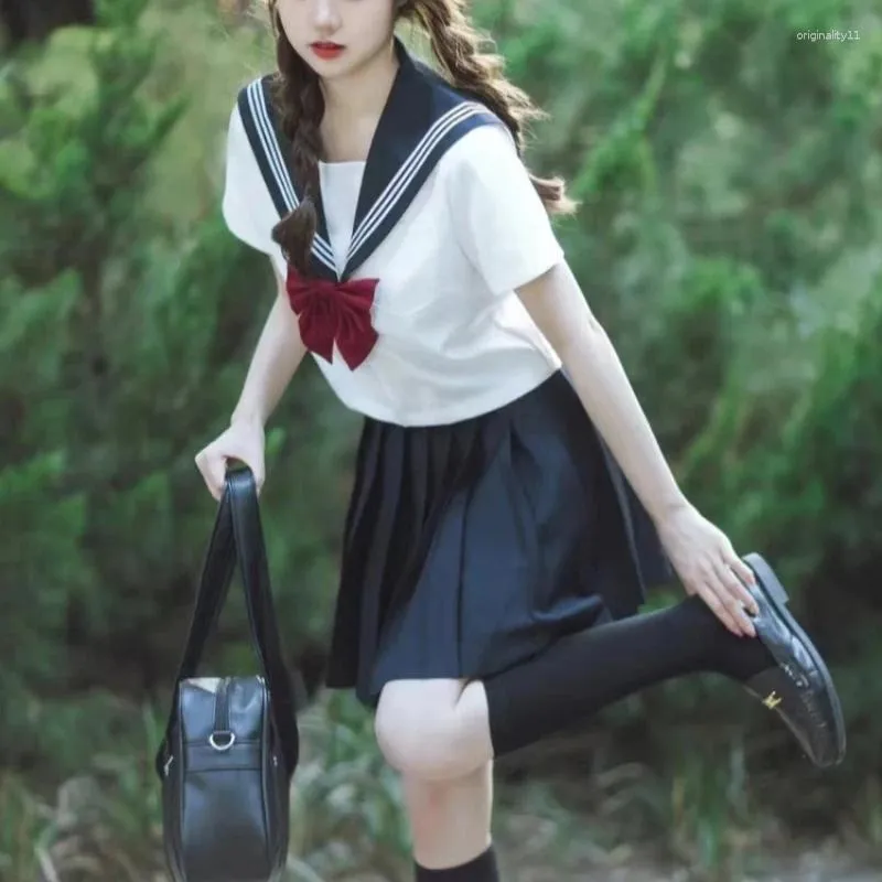 Kledingsets Japanse stijl XS-2XL School Girls Uniform Navy Vrouwen Sexy JK Basic Pak Sailor Blouse geplooide rok