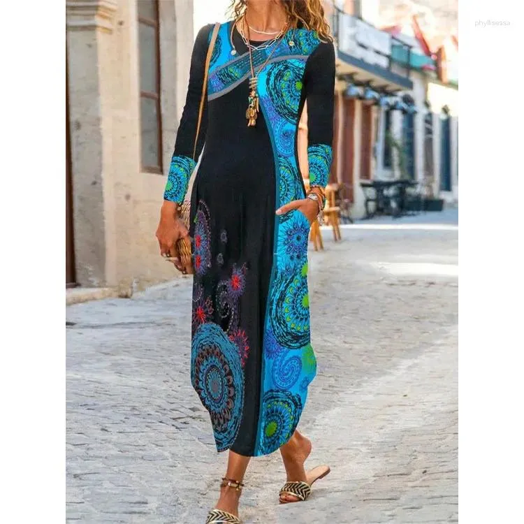 Casual Dresses Autumn/winter Elegant Women's Clothing Ethnic Style Printed Long Sleeved Loose Dress Skirt Ropa De Mujer Vestidos