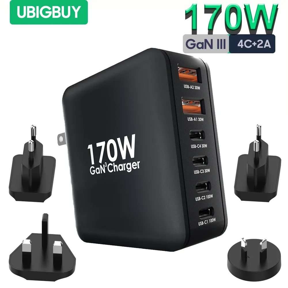 Chargers ubigbuy 170w USB C Fast Charger, GaN 6 em 1 PD 100W PPS45W Station para MacBook Pro Laptop iPhone 14 13 Galaxy S23/22/21