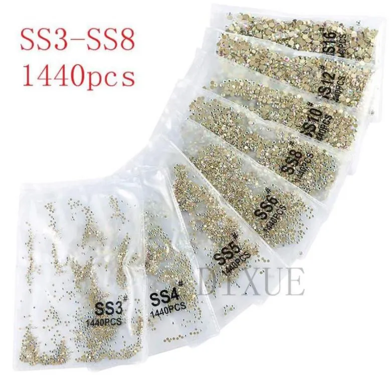 Ss3ss8 1440pcs Clear Crystal AB Gold Flack 3D Düzeltmeyen Düz Çivi Sanat Süslemeleri Giyim için Rhinestones 07311122617