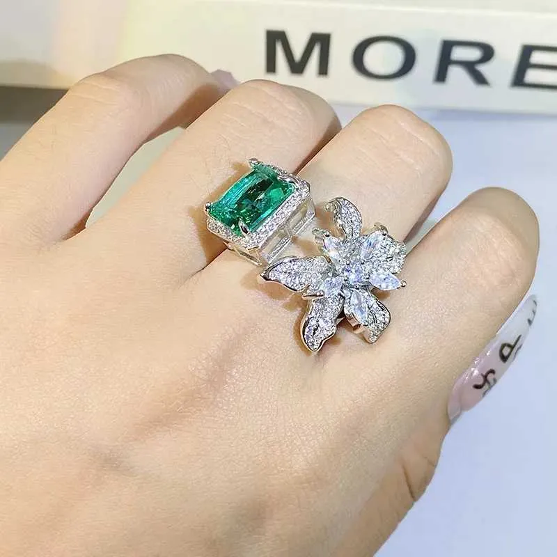 Band Rings Exquisite Square Flower Ladies Opening Ring 925 Stamp Fashion Full Diamond Set Green Zircon Party Wedding Gift H240425