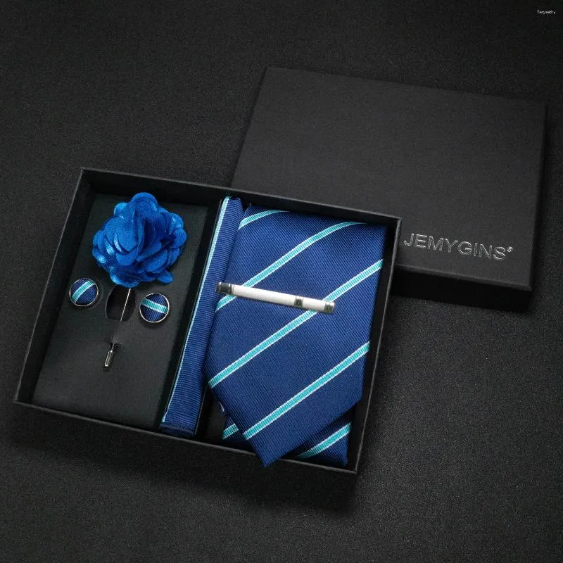 Bow Ties Men's Tie Set Luxury Present Box Silk Slips 8 cm blå randig Hankerchief Cufflinks Corsage Business Wedding Events