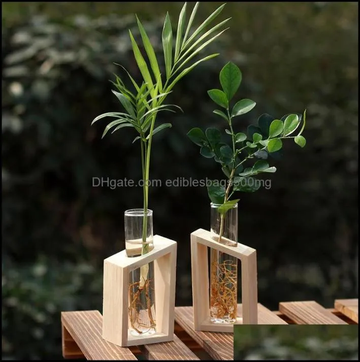 화병 크리스탈 유리 테스트 튜브 화병 나무 수경 식물을위한 나무 스탠드 화분 홈 정원 장식 507 R2 드롭 배달 D8881108