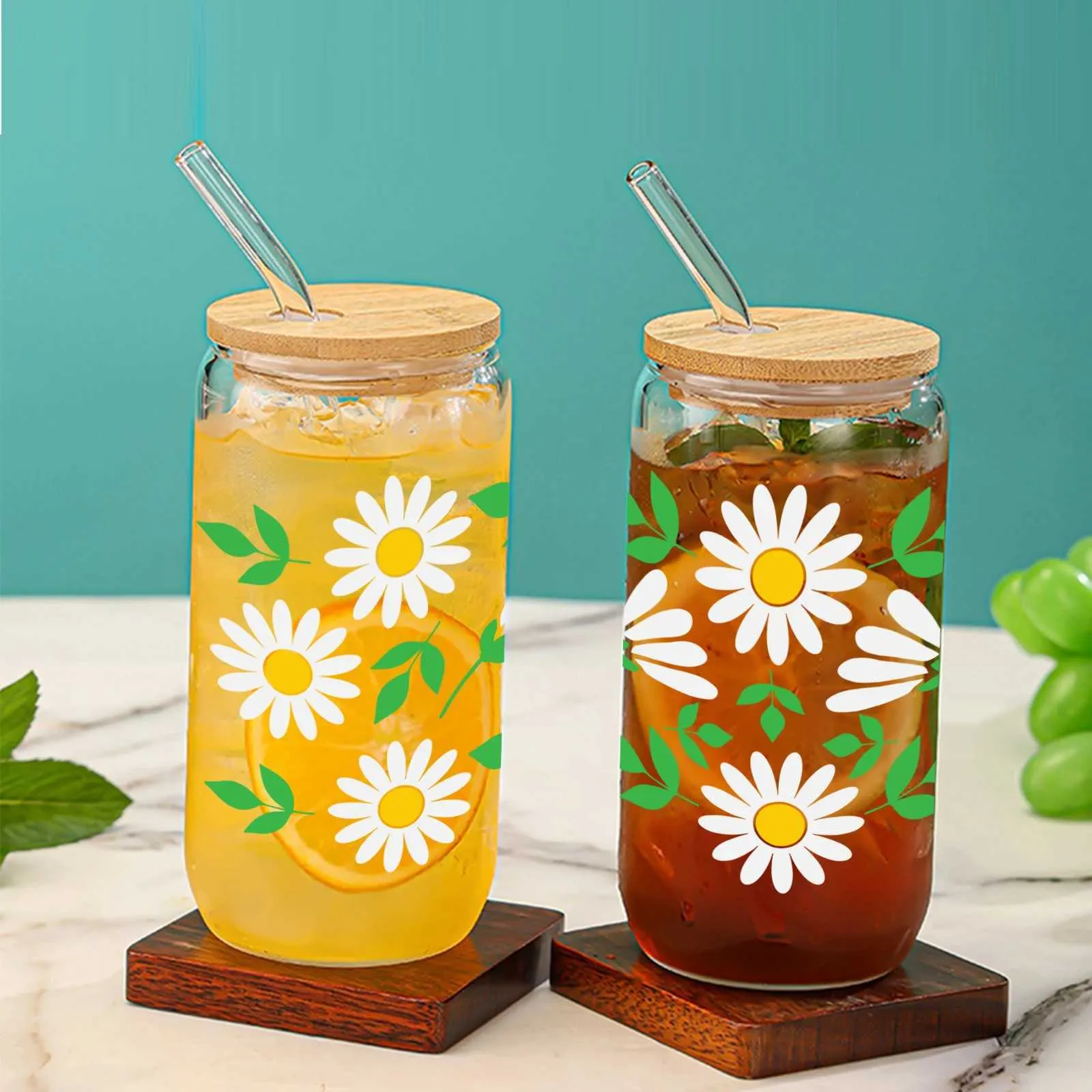 Tumblers Of Green Leafy Petal Daisy Pattern With Bamboo Lid Glass Straw Juice Hot And Cold Drink Bottle Suitable For Summer H240425