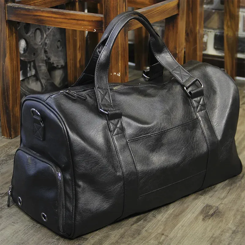 Fashion Leather Mens Travel Duffel Bag Dry Wet Separation Business Handväska stor kapacitet Bagage Trend Male Gym 240419