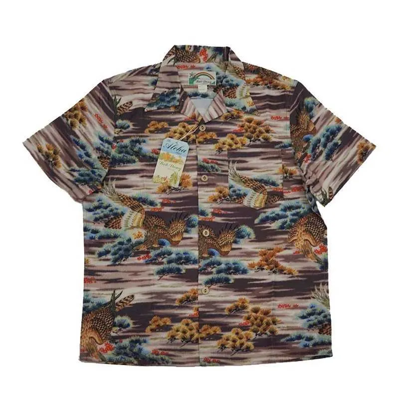 Men's Casual Shirts BOB DONG Eagle Pine Tree Print Aloha Hawaiian Shirts Summer Vintage Tee For Men 240424