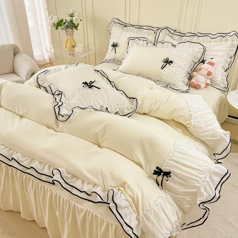 Conjunto Kawaii Seersucker Bedding Conjunto para meninas Princesa Bow Ruffle Lace Salia Skinfriendly Friendly Color Solid Duvet Conjuntos de capa