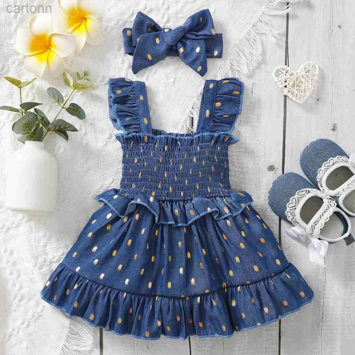 Abiti da ragazza 3-24 mesi bambino bambino dorato dot slip abito blu blu abito da ragazza estivo di moda abiti da principessa con fascia 2pc set d240425