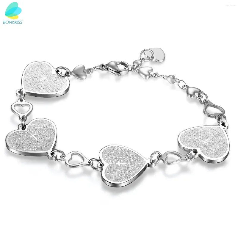 Link Bracelets BONISKISS Womens Ladies Charm Heart English Bible Lords Prayer Cross Wrist Bracelet Woman Fashion Stainless Steel