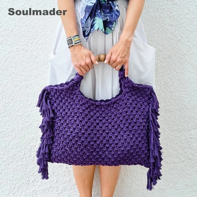 Macrame Bag Women Women Crochet Boho Chic Summer Fringe Tote Bag Ivory Purple Green azul preto amarelo 240418