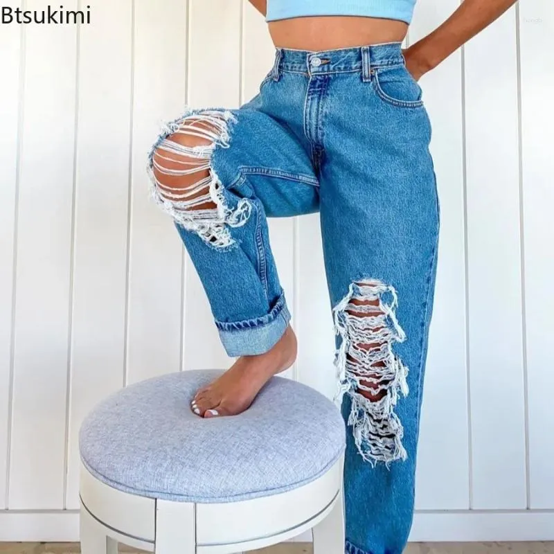 Kadınlar kot 2024 Vintage içi boş zincir düz denim kadınlar yüksek bel gevşek bağlantı deliği pantolon gündelik sokak aşınması 90s