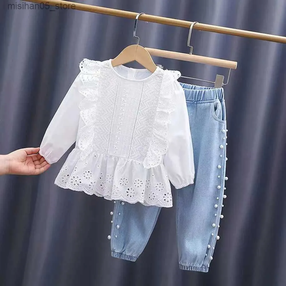 Giyim Setleri İlkbahar ve Sonbahar Bebek Giyim Seti Kız Giyim Seti Bebek Kız Gömlek+Denim Pantolon 2024 İnci Seti 2 ila 6 yıl Q240425