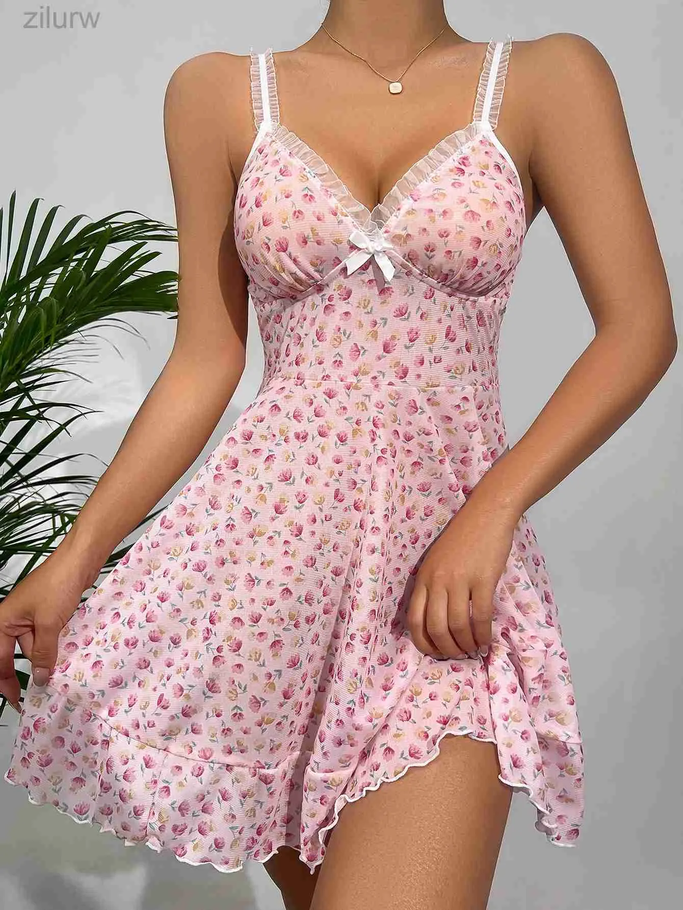 Sexy Pyjamas Summer Pink Pajama Sexy Dress Floral Printed Lace for Women Home V-neck with Strap Camisole Nightdress d240425