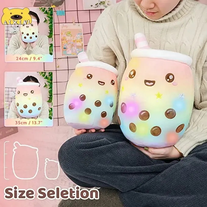 Pillow 25/35CM Light up Boba Stuffed Plush Bubble Tea Pillow with LED Colorful Night Lights Glowing Super Soft Plushie Kid Gift