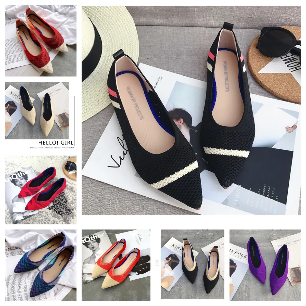 2024 Nouvelles chaussures de robe de luxe ballet noir blanc rouge semets doux tricots designer en cuir formel plate-forme de la plate-forme de mode plat de chaussures de bateau plat