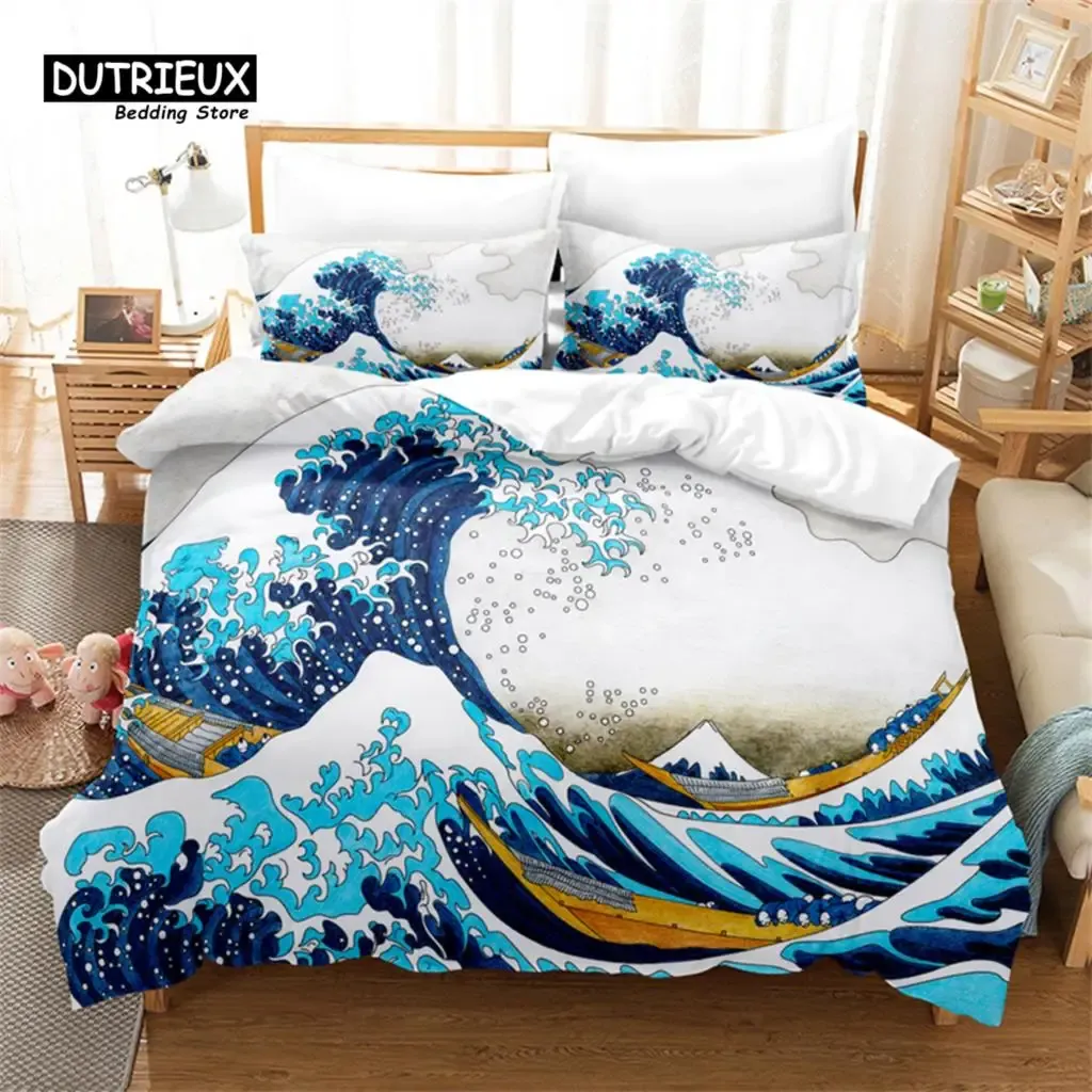 Sets Art Wave Painting Divet Cover Set, Fashion Bedding Set, suave y cómoda cubierta nórdica transpirable, para la decoración de la habitación del dormitorio