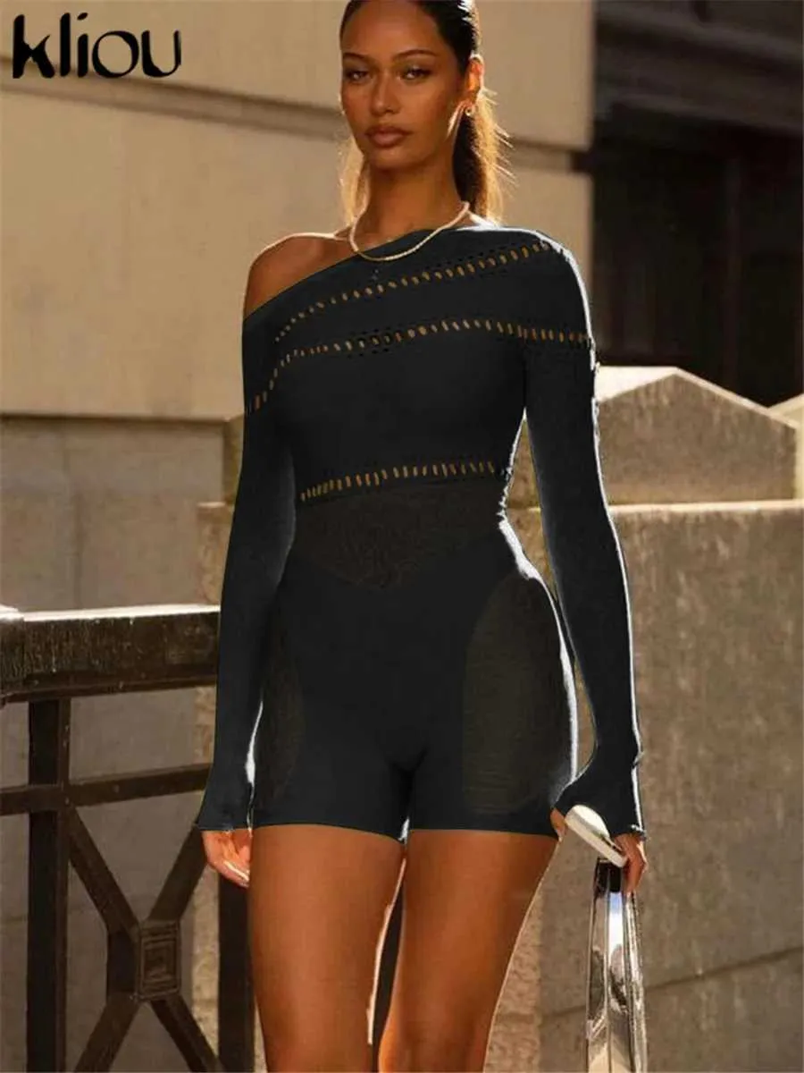 Women's Jumpsuits Rompers Kliou Mesh S Through Midnight Playsuits Women Sexy Inclined Shoulder Long Slve Hollow Out Patchwork Skinny Clubwear Rompers Y240425