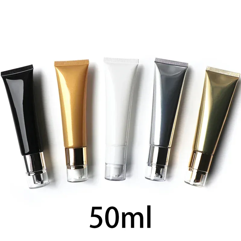 Butelki 50 ml puste kosmetyki Butelka 50 g Airless Squeeze Tube Makeup Foundation Cream Pojemnik Białe czarne srebrne złoto