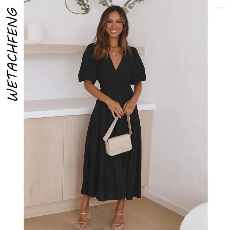 Party Dresses Black V Neck Puff Sleeve Summer Dress Women Holiday Bohemian Beach Maxi Ladies 2024 Fashion Elegant Long Clothes