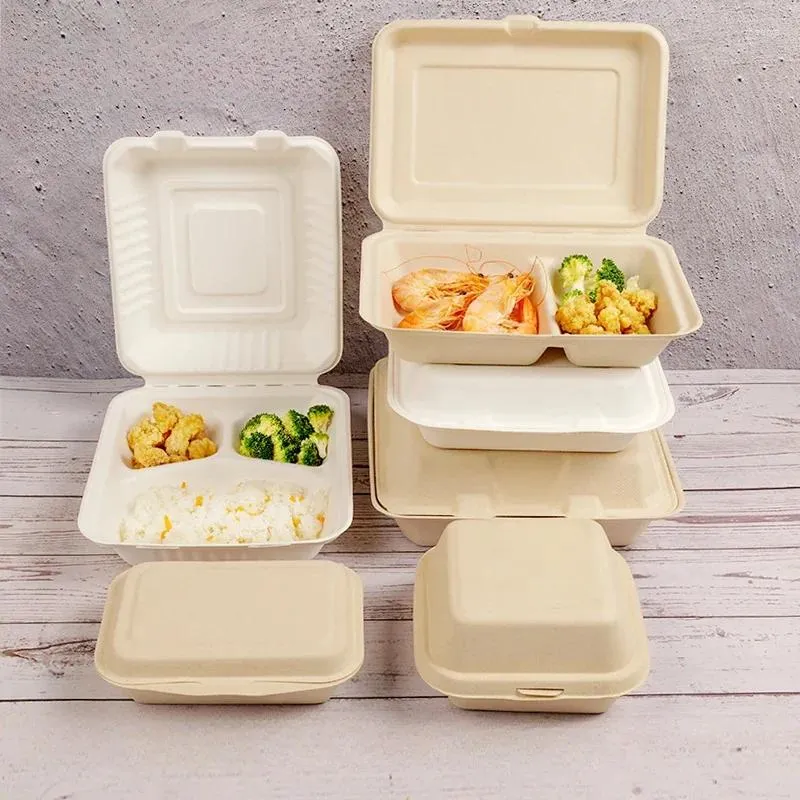 Stume di stoccaggio 50 pezzi di consegna Fast Food Box Case di imballaggio del riso per pranzo usa e getta con copertura rettangolare collegato degradabile