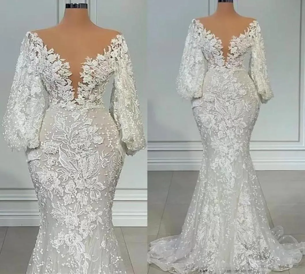 2023 uma linha vestidos de noiva de manga comprida pescoço puro de renda cheia Floral Floral Africano trompete de peixesia de peixes Aso ebi vestidos de noiva BC15903389