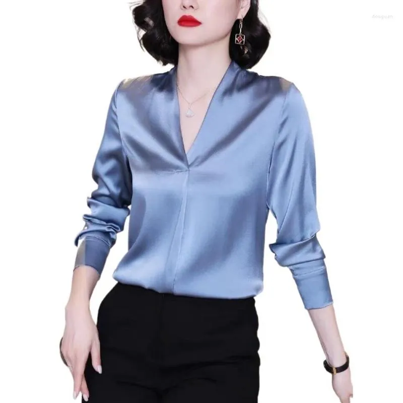 Женские блузки 2024 Искусственная шелковая блуза базовые женские топы женская одежда атласная атласная рубашка с длинным рукавом
