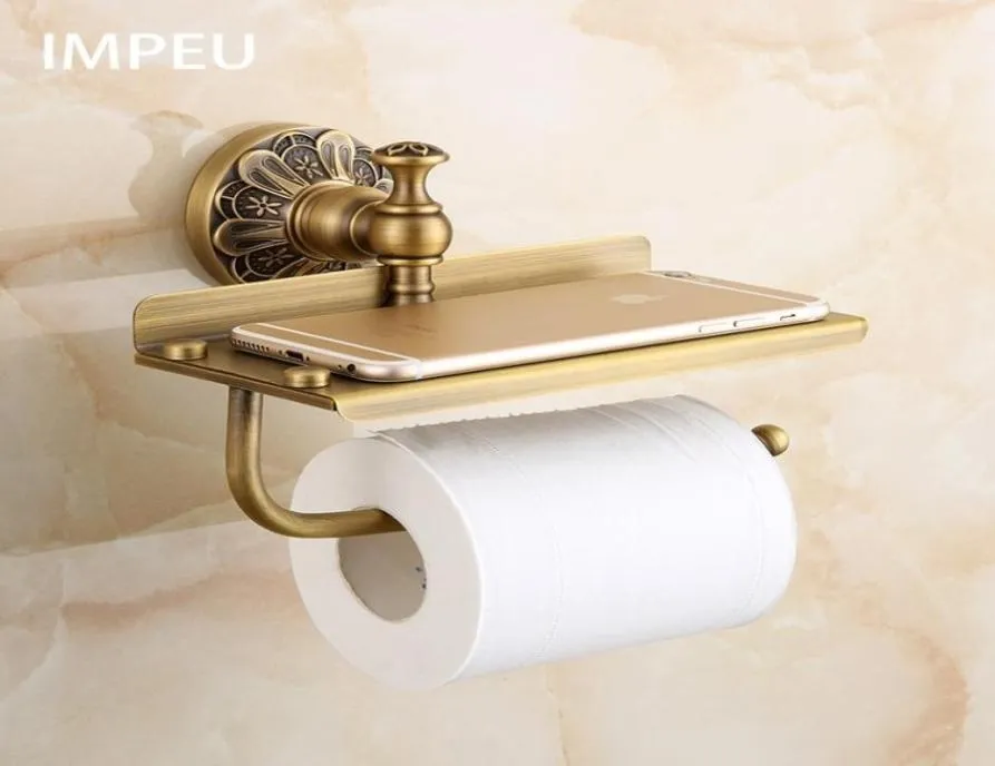 Porte-papier toilette support de rouleau de toilettes en bronze antique avec grand étagère d'espace pour le contenu de tissus de salle de bain du téléphone Y2001083141192