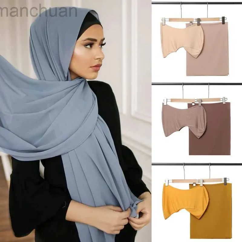 Hijabs Chiffon Hijabs med matchande inre hattar sätter muslimska kvinnor hijab huvudduk Chiffon Scarf Shawl Scarves Underscarf Jersey Hijab D240425