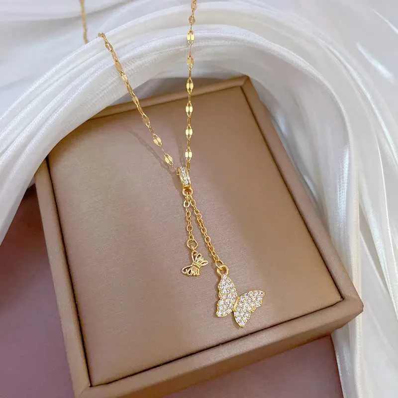 Necklaces Multilayer Jewelry Stainless Steel Tassel Pendant Shell Butterfly Necklace For Women Party Cuban Choker_senzul.com