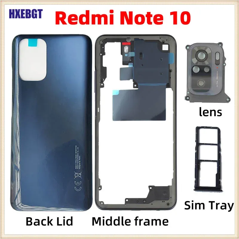 Ramar Original för Xiaomi Redmi Note 10 Back Cover + Middle Frame + Volymknapp + kamera Glaslins + Sim Tray -smarttelefondelar