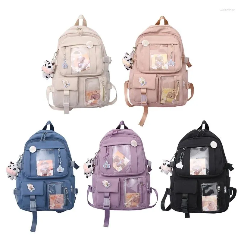 School Bags Women Girls Student Backpack Harajuku Japanese Style Aesthetic Multi-Pocket Bag With Pendant Laptop Book Pack