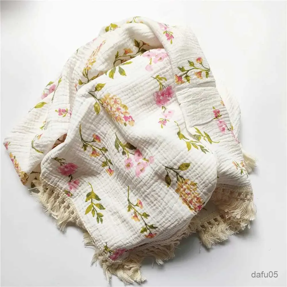 Blankets Swaddling 2 Layers Baby Blankets Newborn Tassel Cotton Muslin Swaddle Wrap Blanket Print Gauze Infant Bedding Quilt Blanket Diaper