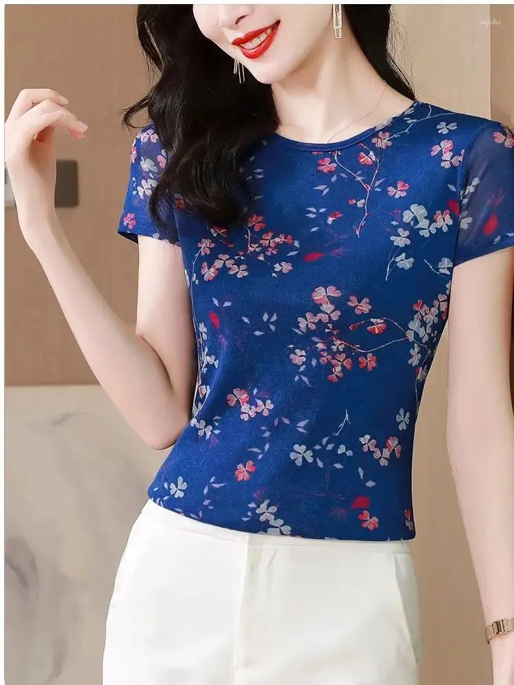 Kvinnors T-skjortor o Neck kortärmad t-shirt Summer tryckt blommor Tshirts Basic Slim High Stretch Tees för damer BH6151