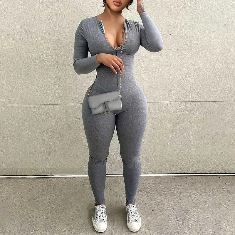 Jumpsuits de mujeres Rompers Solid Sports Supsuit para mujer Autumn New Slave Fodycon Fashion Zipper Jumpsuit Sexy Casual Fitness Juego de fitness Y240425