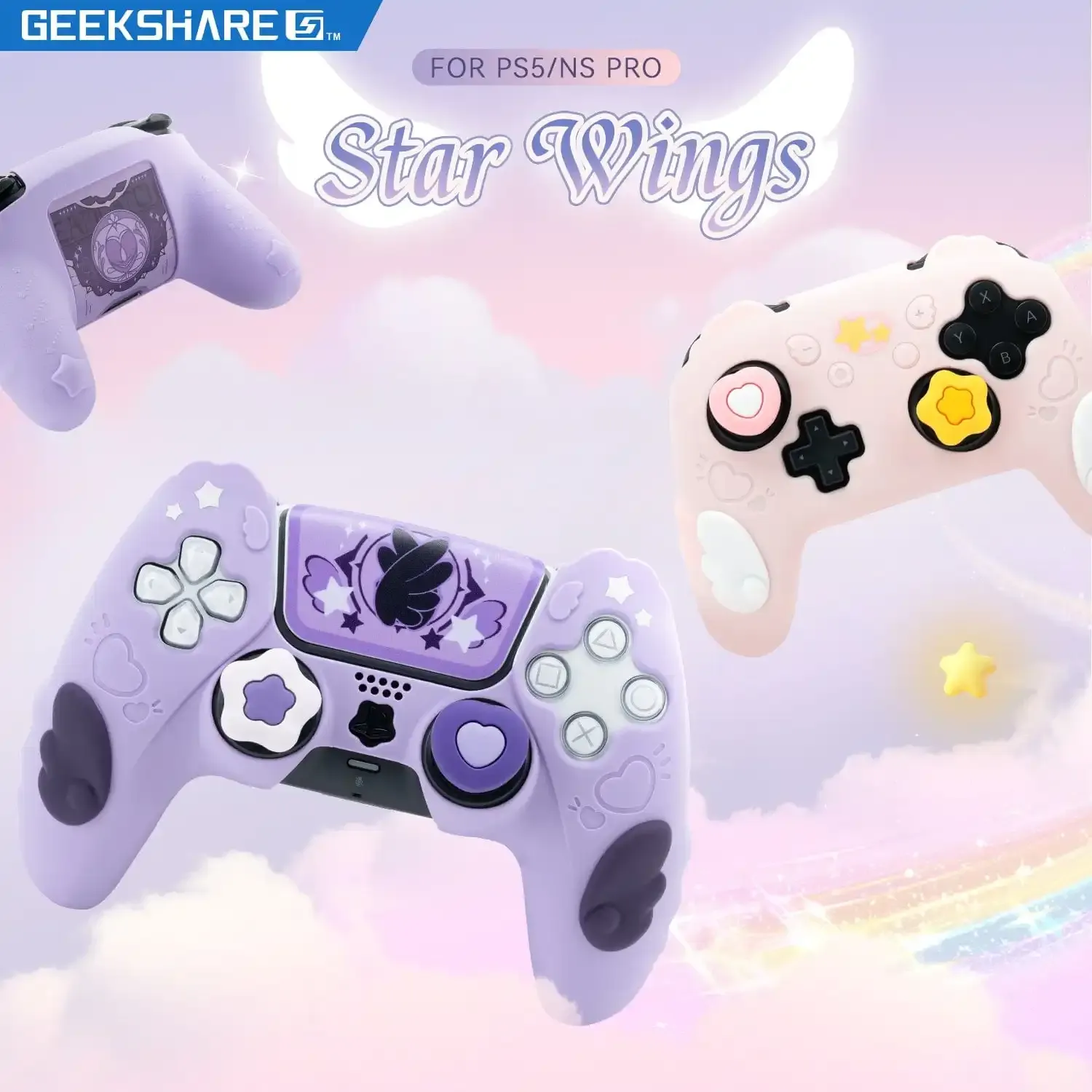 Cases GeekShare Star Wings Protective Cover Skin for Playstation 5 / NS PRO Controller with 2 Thumb Grips and 1 Sticker