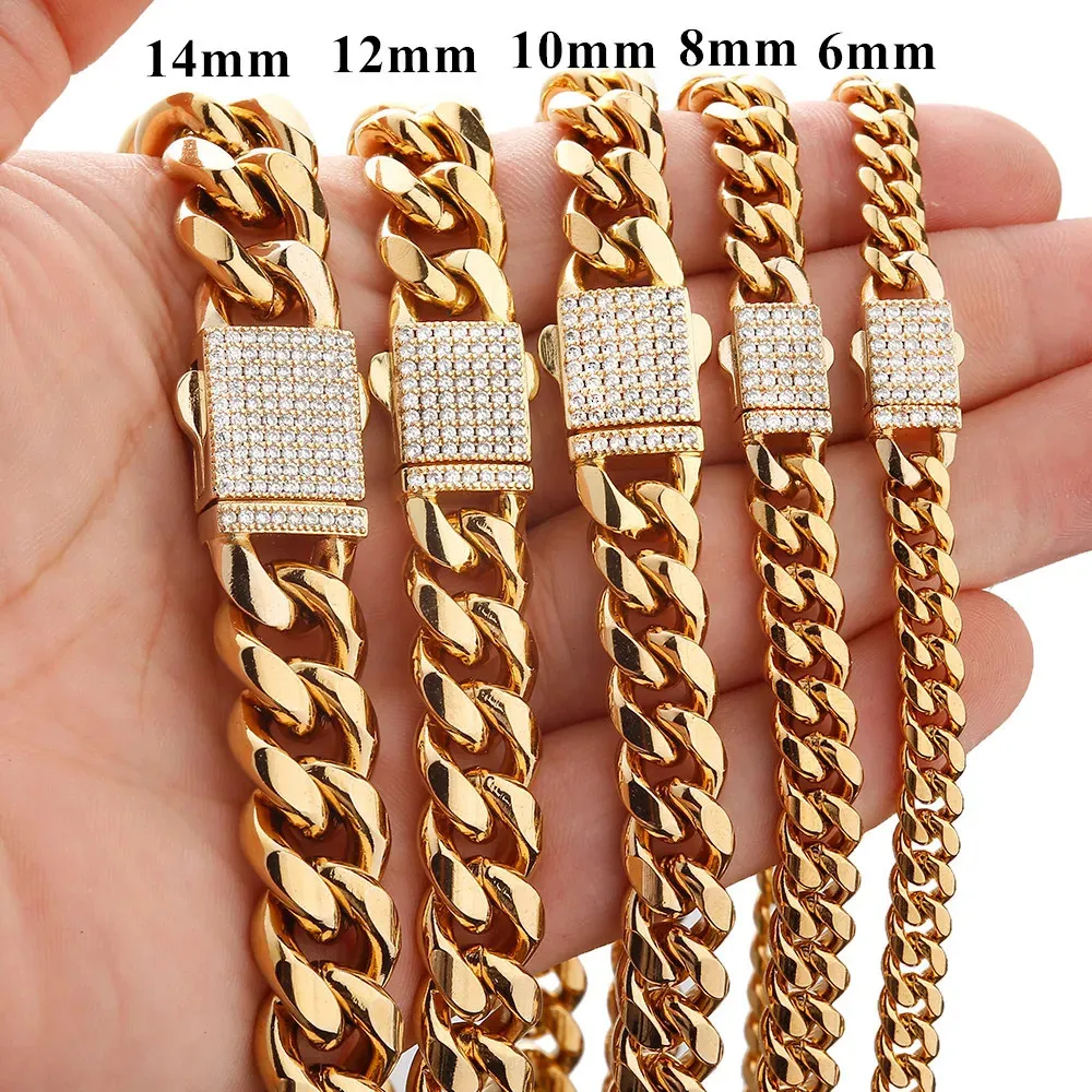 Qualsiasi lunghezza 7-40 6 mm-14 mm Fanhion Women Mens Chain 316L in acciaio inossidabile Miami Link Neckla o Bracciale Crystal Buckle Gift 240416