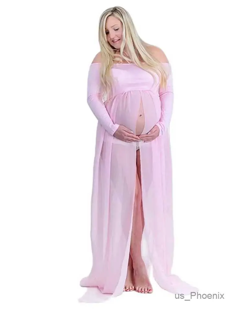Беременные платья беременные женщины передовое платье вилка элегантная беременная одежда для беременных с длинным рукавом с длинным рукавом макси -платья фотосессия Фотография