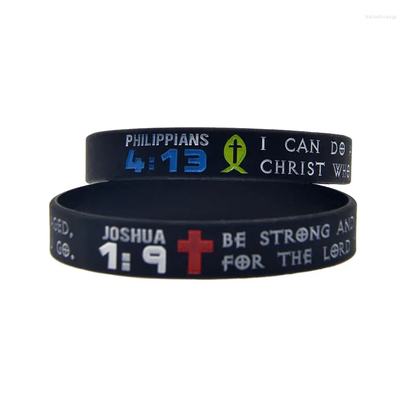 Charmarmband 50 st Jesus Silikon gummi armband Filippianer 4:13 Joshua 1: 9 Black Prayer Skrift Bangle