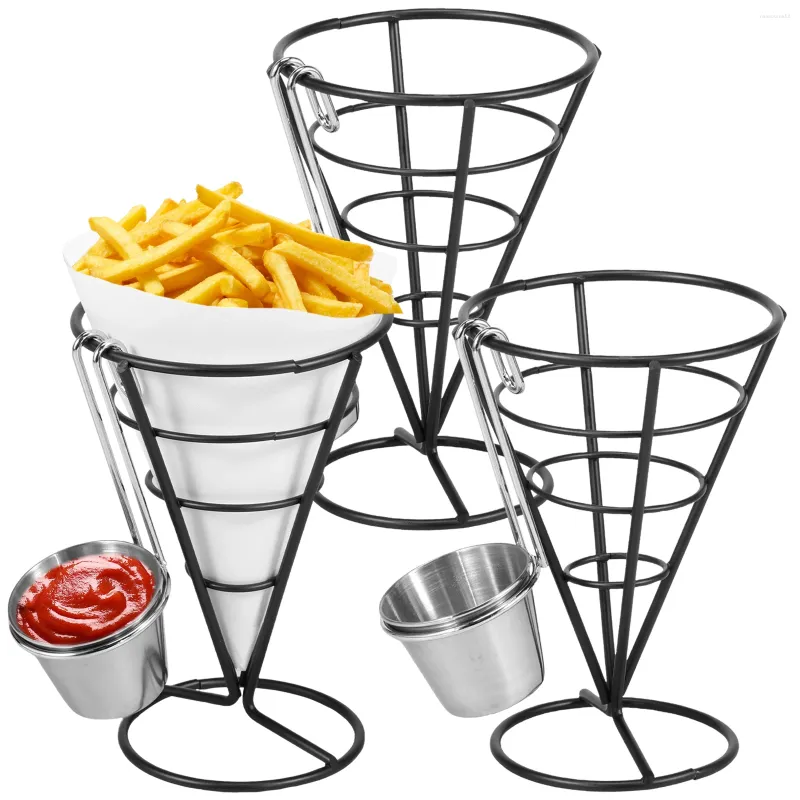 Küche Aufbewahrung 3pcs Französische Pommes Ständer mit Sauce Dipper -Kegelkorb Frittiehalter, die für Lebensmittelgeräte wiederverwendbar sind