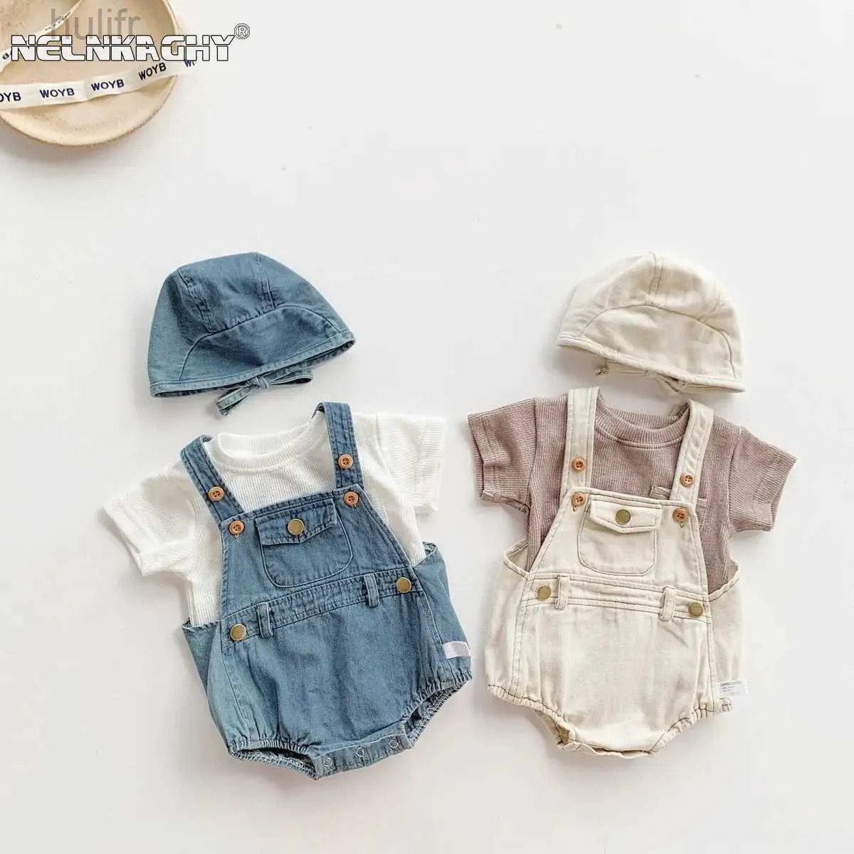 Rompers zomer baby babymeisjes jongens mouwloze denim knoppen overalls kinderen mode kleding katoen jumpsuits cadeau hoed bodysuits d240425