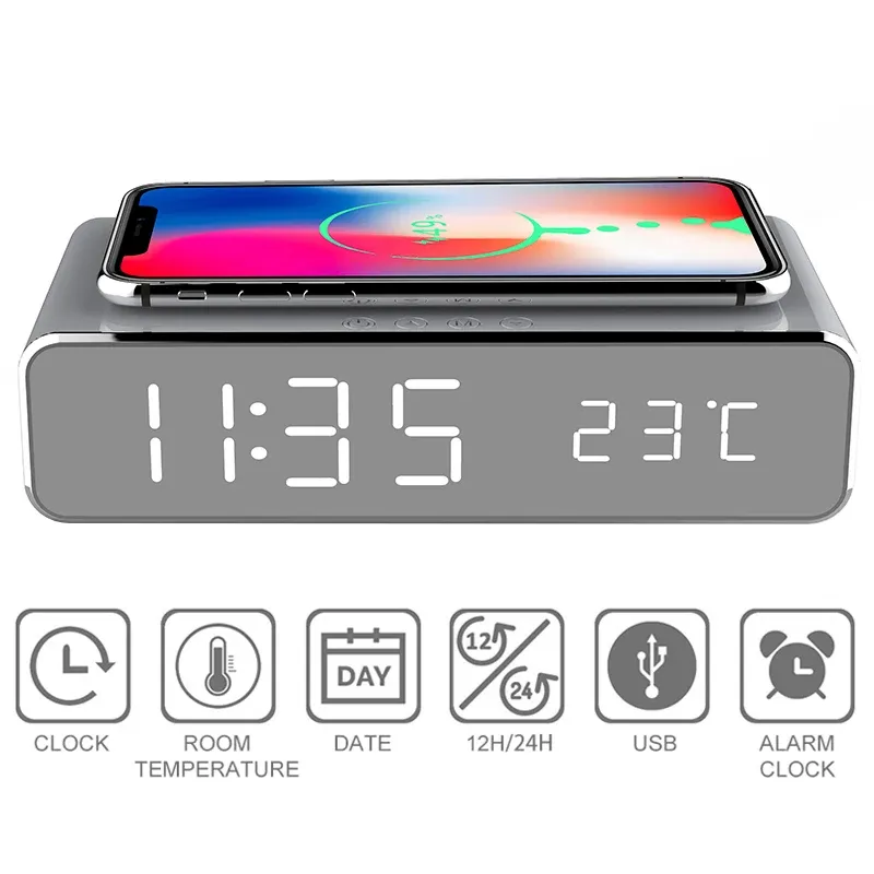 Zegarki Nowy elektryczny budzik LED z telefonem komórkowym bezprzewodowa ładowarka HD Zegar HD Zegar z Cyfrowy Zegar termometru czasu