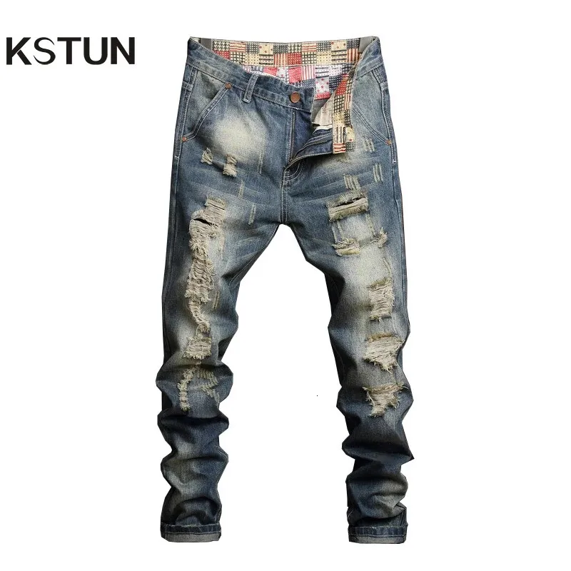 Jeans strappati per uomini in forma sfusa in forma primavera ed estate snow out usd wear pantaloni hip hop mens biker angosciata 240417