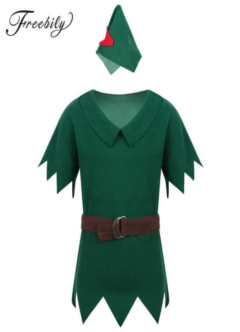 Nya ankomst Kids Boys Peter Pan Costumes Tshirt med Hat Belt Halloween Cosplay Party Boy för Fancy Carnival Rollspelkläder G84686072