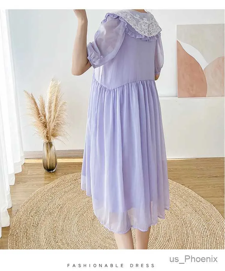 Korean Style Summer Maternity Dresses, Lace Peter Pan Collar Short Sleeve  Wedding Dress for Pregnant Women, Chiffon Party Dresses in Purple