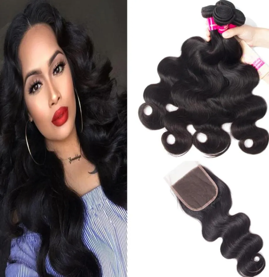 9a Brésilien Body Wave Straight Wave Deep Wave Deep Cair 3 Packs Hoils Human with 4x4 Lace Fermeure Remy Brésilien Peruvian Human7563756